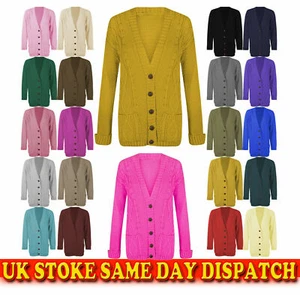 New Ladies Chunky Cable Knit Buttoned Granddad Cardigan  Long Sleeves Pockets - Picture 1 of 18