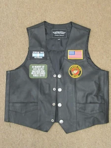 UNIK mens 46 Harley Davidson Leather Motorcycle Vest Marine Korean Vet patches - Picture 1 of 10