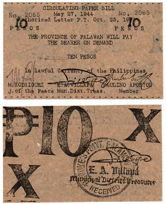 1945 Philippine Province of PALAWAN 10 Pesos S952 Written 10's AU+ - Image 1 of 4