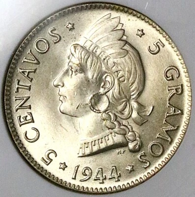 1944 NGC MS 64 Dominican Republic 5 Centavos WWII Silver Coin (25042302C) - Image 1 of 4