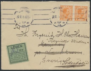 DINAMARCA. 1919. Christian X. 7 Øre naranja, par en cubierta solsen a Suecia (PK1398) - Imagen 1 de 2