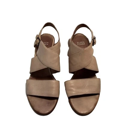 Eileen Fisher W-8.5 Sandals Beige Strappy  Leather Dress  Block Heel - Image 1 of 4