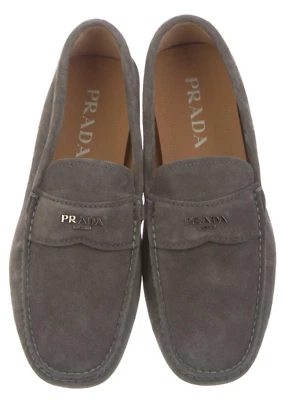 AUTÉNTICOS ZAPATOS MOCASINES DE LUJO CON LOGOTIPO DE PRADA 2DD165 Ghiaia Gris Gamuza CUERO Plateado Foto 1 de 4
