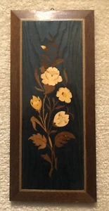 Italian Floral Inlaid Wood WALL Art Blue And Brown - Picture 1 of 7
