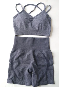 Women's 2 Piece Outfits Seamless High Waist Short Crop Top Activewear Gray M - Picture 1 of 12