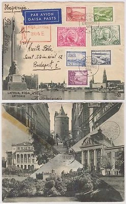 1938 Latvia Reg Air Cover Riga to Budapest 20th Ann Republic FDC via Bahnpost - Image 1 of 3