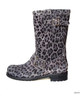 JIMMY CHOO black gray 36 US 6 Youth leopard-print suede BIKER BOOTS new $995 - Picture 1 of 7