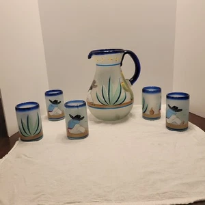 Frosted Glass Mexican 6-Piece Pitcher and Glasses Set Hand Blown, Hand Painted  - Picture 1 of 14
