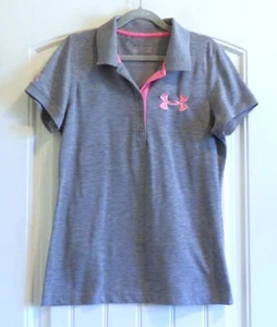 Camiseta para mujer Under Armour Heat Gear gris SS con logotipo de cáncer de mama rosa talla L - Imagen 1 de 4