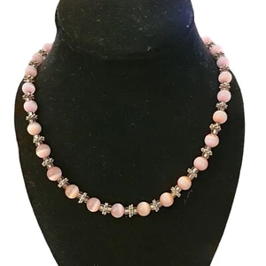 Collar Vintage Rosa Ojo de Gato Vidrio Tono Plata Rueda Rondeles Brillo Único - Imagen 1 de 8