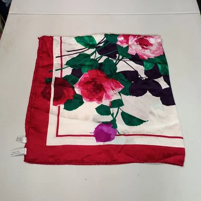 Bufanda de Seda de Diseñador Grande Floral Rosas Rojo Crema Rosa Verde Elegante Accesorio Foto 1 de 4