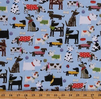 A.E. NATHAN Flannel Dogs Puppies Pets Animals on Blue Kids Flannel Fabric Print BTY D273.11