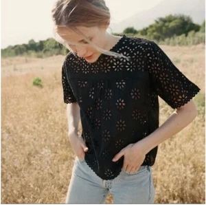 Blusa túnica Doen para mujer Delphine con ojales bordados negra vintage de algodón XS - Imagen 1 de 16