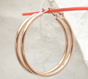2" Polished Round Hoop Earrings Omega Clip Backs REAL 14K Rose Gold 3 X 50mm - Picture 1 of 4