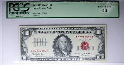 1966 $100 One Hundred Dollar Note Red Seal Legal Tender PCGS XF 40 FW Fr.1550 - Image 1 of 2