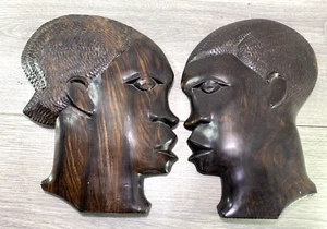 Pair Of Wooden African Carved Wall Hangings Of Man And Woman Tribal Profile - Picture 1 of 16