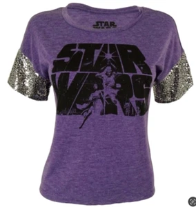 Star Wars Women's Juniors Purple Short Sleeve Sequin Crop Shirt SZ Medium - Picture 1 of 1