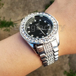 Hip Hop Iced Black Dial Silver PT Migos Bling BIG Simulated Diamond Watch - Picture 1 of 4