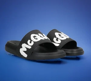 $350 Alexander McQueen Graffiti Rubber Pool Slides Black White Sandals Size 43.5 - Picture 1 of 6
