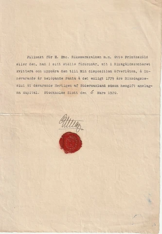 SWEDEN: Royal signature/autograph and seal King Gustav V on document 1920 Cover