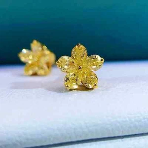 Flower 14k Yellow Gold 0.70CT Vivid Yellow Lab Grown Diamond/CVD Stud Earrings - Picture 1 of 13