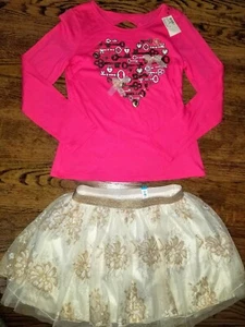 Girls NEW Size 10 JUSTICE Set Pink L/S Key Heart Top Creme Gold Tutu outfit set - Picture 1 of 5