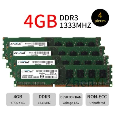 For Crucial 16GB 4x 4GB 2GB DDR3 PC3-10600U 1333MHz 240Pin 1.5V Desktop RAM Lot - Image 1 of 4