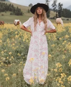 Palm Noosa Dress AU 8 /US 4 Shirt Maxi PURPLE Floral Linen Button Up White - Picture 1 of 21
