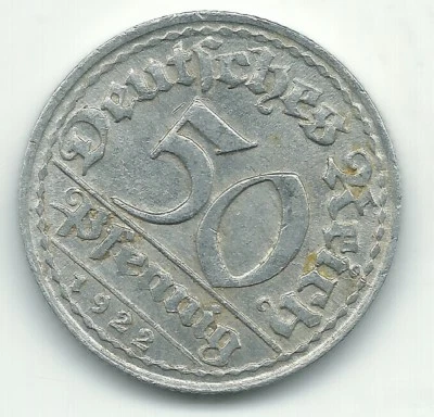 HIGH GRADE 1922 D GERMAN - GERMANY 50 PFENNIG COIN-DEC228 - Image 1 of 2