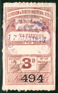 GB Devon LSWR RAILWAY Parcel Stamp 3d *TAVISTOCK*STATION 1915 CDS Used S2WHITE50 - Picture 1 of 10