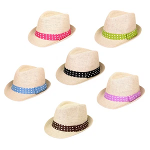 Women's Polka Dot Band Natural Fedora Straw Hat - Different Color Band Avail - Picture 1 of 19
