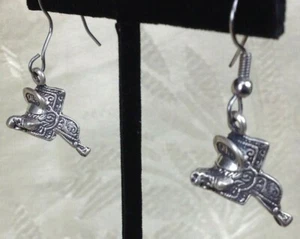 Western 925 Sterling Silver Horse Saddle Dangle Hook Cowgirl Earrings - Picture 1 of 8