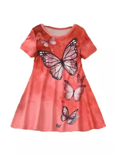 New Girls Size 7 Short Sleeve Orange Pink Butterfly Dress - Picture 1 of 3