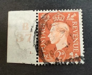 GB KGVI 1937-47 2d Orange. SG465. Control B37 Cylinder Number 1 dot. Used Single - Picture 1 of 2