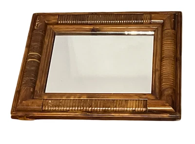 Vintage Brown Weaved Wood Framed Mirror Faux Bamboo 13x15 in - Image 1 of 4
