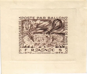 Aviation Poste par Ballon 1945 78 Aniv. Siege de Paris imperf proof (3571) - Picture 1 of 1