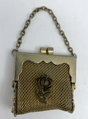 Antique Gold Tone Metal Mesh Purse Coin Change 1½” x 1½” Mini With Rose & Chain - Image 1 of 4