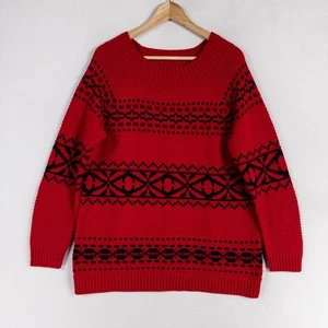 Chaps Sweater Womens Large Red Black Geometric Stripe Textured Pullover Casual - Picture 1 of 8