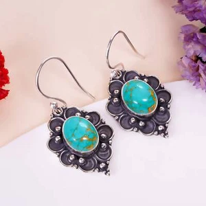 Copper Turquoise Gemstone 925 Sterling Silver Jewelry Earring, Gif For Charm - Picture 1 of 4