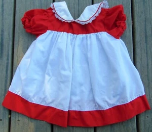 VINTAGE 1950's ADORABLE RED & WHITE BABY DRESS WITH LACE COLLAR ~ SIZE 18 MONTHS - Picture 1 of 8