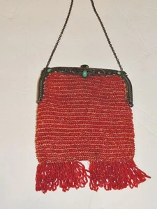 1920's Red Beaded Flapper Purse w Beautiful Jeweled Frame - Picture 1 of 5