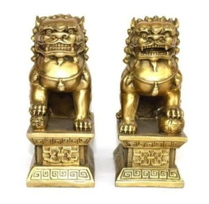 Archaic lion brass statue Fu Foo Dog fengshui Door guard lions Statues pair - Picture 1 of 6