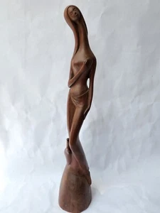 Large Vintage 22" Hand Carved Ebony Iron Wood Topless Female Sculpture w Peacock - Picture 1 of 6