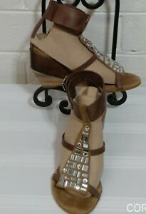 WOMEN ANKLE STRAPS SANDALS Sz 37 RHINESTONES GENUINE LEATHER WEDGE MADE ITALY.  