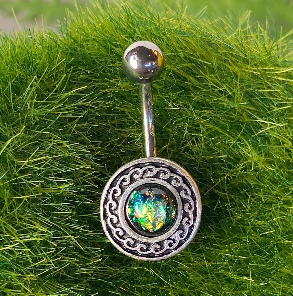 1pc Antique Silver Plated Tribal Shield w/ Opal Glitter Center Belly Navel Ring - Image 1 of 1