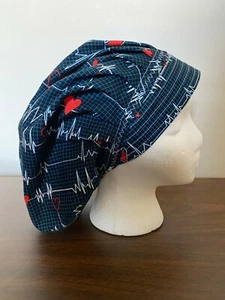 CARDIAC HEARTBEAT BOUFFANT SURGICAL NURSES SCRUB HAT BOUFFANT,CHEMO, TECH - Picture 1 of 2