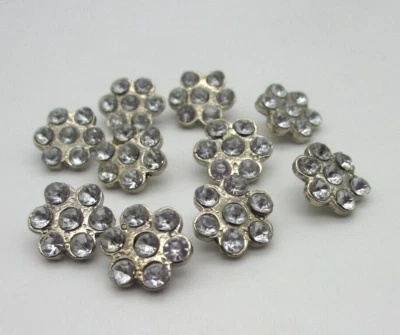 5/8"  15 mm  Silver Tone Metal Shank Back Glass Rhinestones FLOWER Buttons (10 ) - Image 1 of 4