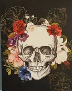 Canvas LED Skull Painting Floral Roses Gold 20" Halloween Light Up Art Print - Picture 1 of 7