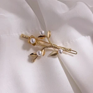 Golden Floral Vining Branch Barrette w Pearl Accents - Picture 1 of 6