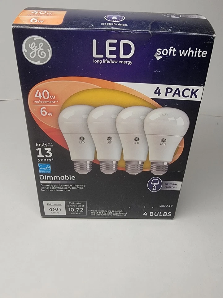 GE 67607 Light Bulb 4-pack - LED Soft White 6w Dimmable 2700k A19